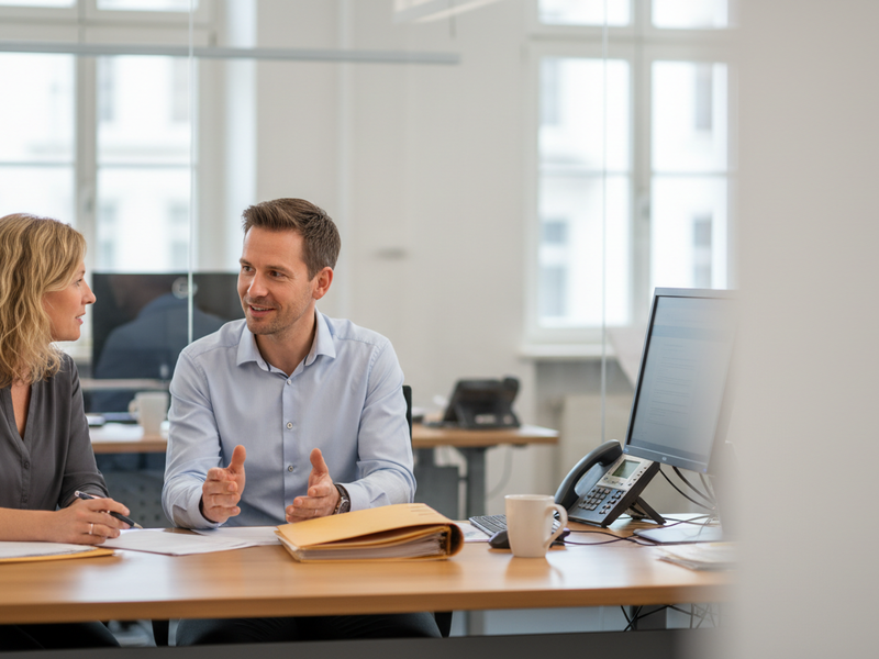 Eine Frau und ein Mann sitzen sich in einem Büro an einem Schreibtisch gegenüber und führen ein Gespräch.