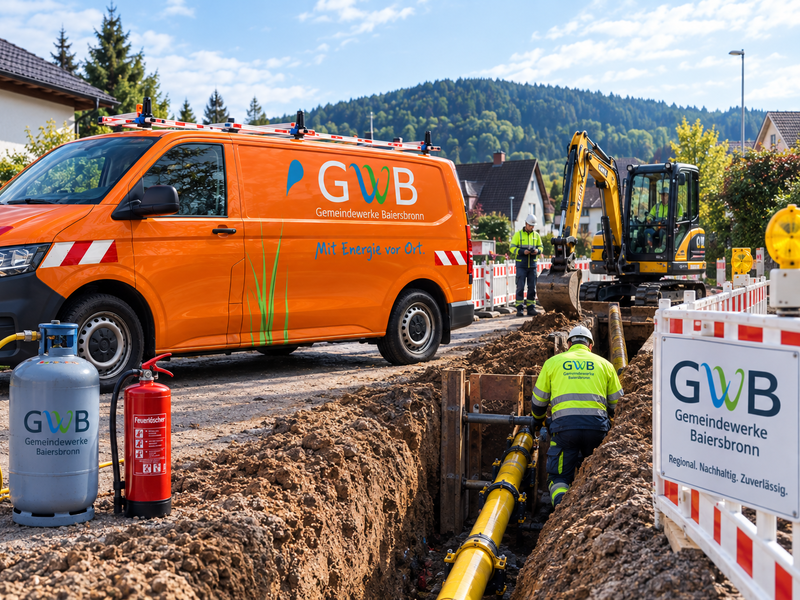 Arbeiter in Sicherheitskleidung verlegen Rohre in einem aufgegrabenen Graben, während ein orangefarbener GWB-Kleintransporter und ein Bagger in der Nähe stehen.