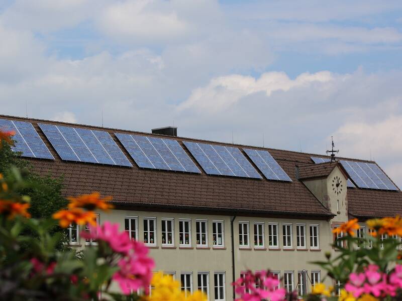 Ein Gebäude mit mehreren Fenstern hat Sonnenkollektoren auf dem Dach, während bunte Blumen im Vordergrund blühen.
