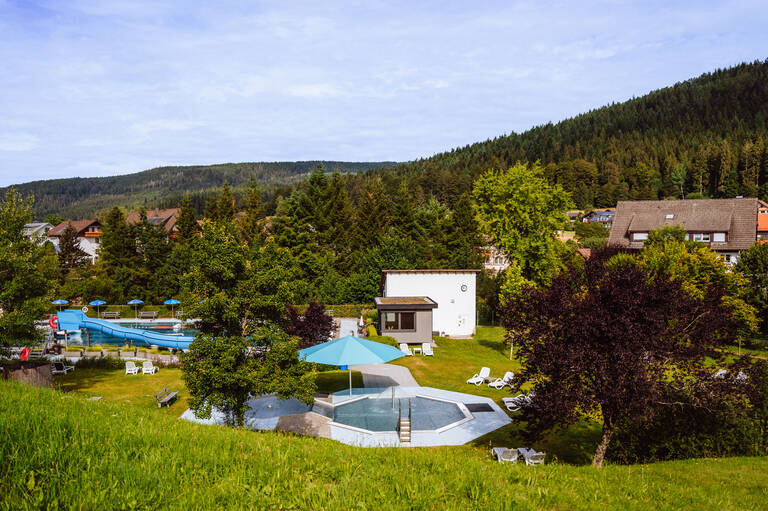 Eine idyllische Landschaft mit einem kleinen Schwimmbad, umgeben von grünen Bäumen und grasbewachsenen Hügeln, liegt vor einem Hintergrund aus dicht bewaldeten Bergen und einigen Häusern.