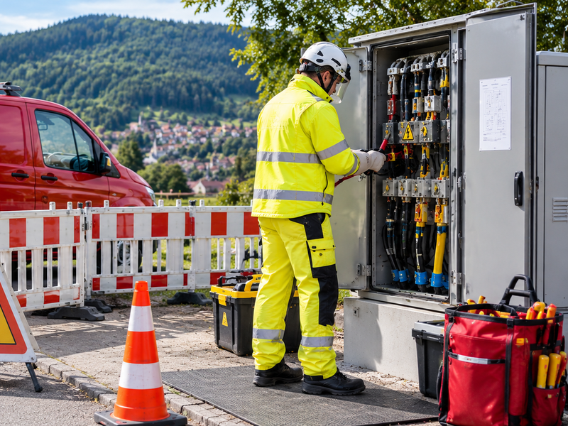 Eine Person in gelber Schutzkleidung arbeitet an einem geöffneten Verteilerkasten auf einem Bürgersteig, während ein roter Transporter und Warnschilder im Hintergrund zu sehen sind.
