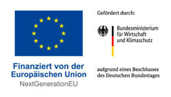 Das Bild zeigt das Logo der Europäischen Union mit dem Text "Finanziert von der Europäischen Union NextGenerationEU" links und rechts das Logo des Bundesministeriums für Wirtschaft und Klimaschutz mit Text, der auf eine Förderung durch den Deutschen Bundestag hinweist.