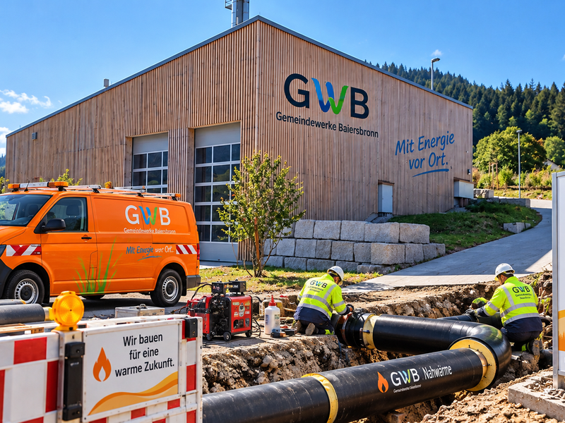 Arbeiter in gelben Schutzwesten verlegen Rohre vor einem Holzgebäude der Gemeindewerke Baiersbronn, während ein orangefarbener GWB-Van daneben parkt.